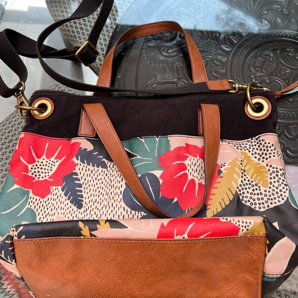 Fossil Vintage Floral Multicolor Leather and Oilcloth Tote or Messenger Handbag